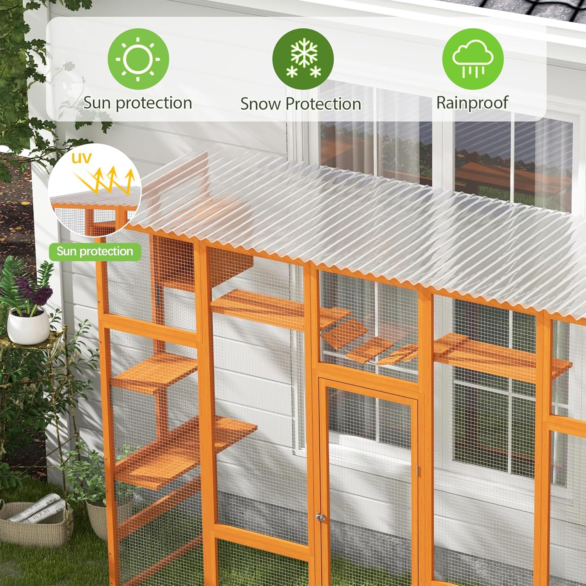 COZIWOW Outdoor Cat Catio w/ Window Access, Weatherproof Wood Enclosure, Orange - VMInnovations