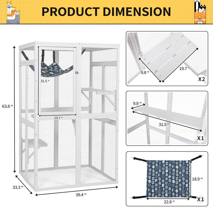 COZIWOW Outdoor Wooden Cat House Enclosure w/ Window Access, 3 Platforms, White