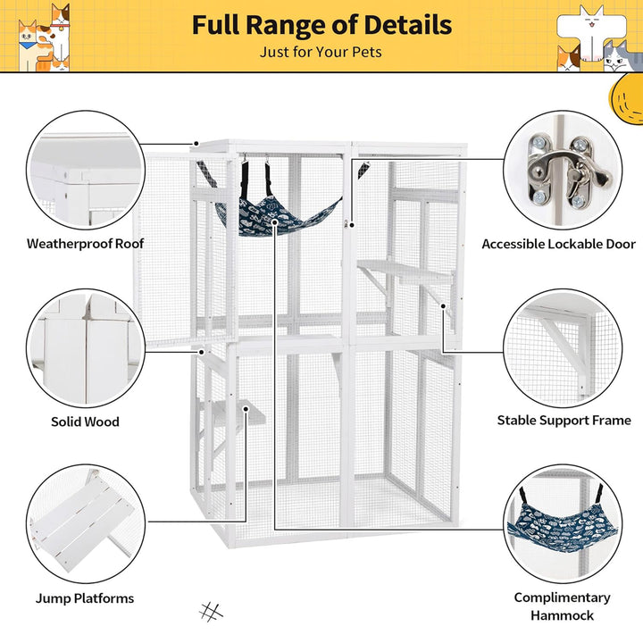 COZIWOW Outdoor Wooden Cat House Enclosure w/ Window Access, 3 Platforms, White