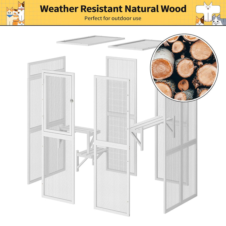 COZIWOW Outdoor Wooden Cat House Enclosure w/ Window Access, 3 Platforms, White