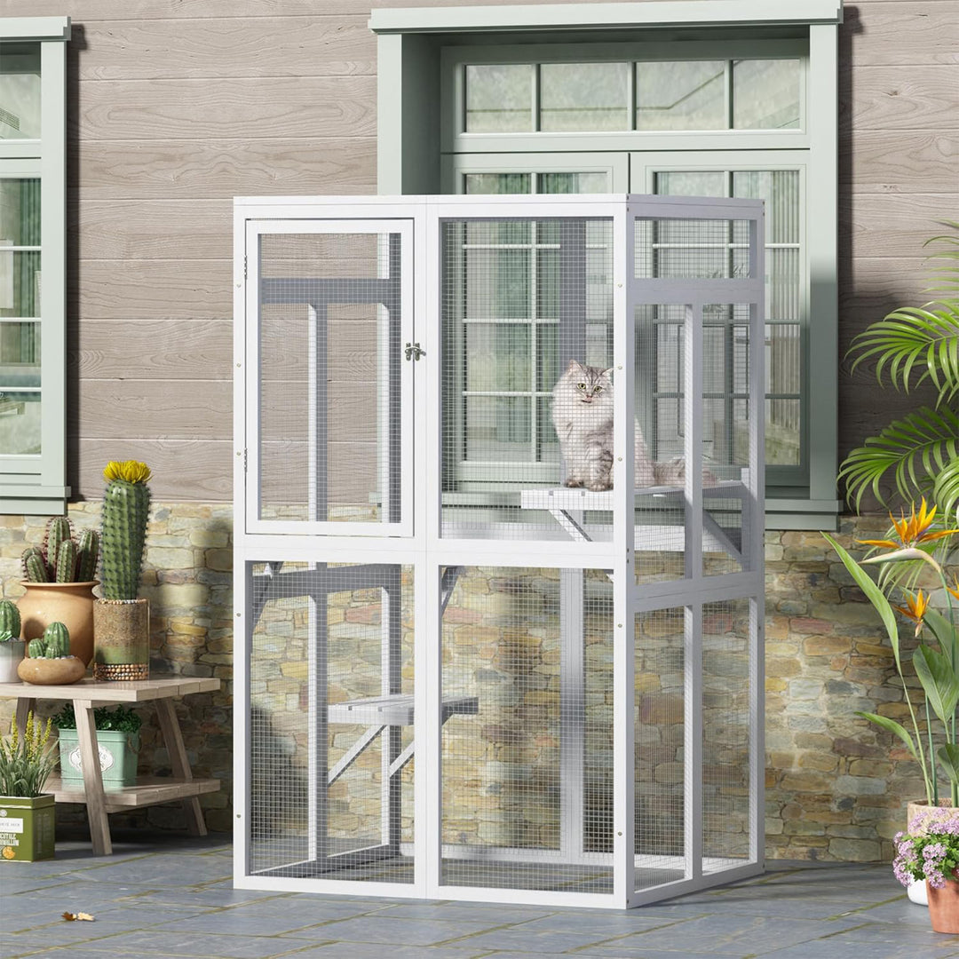 COZIWOW Outdoor Wooden Cat House Enclosure w/ Window Access, 3 Platforms, White