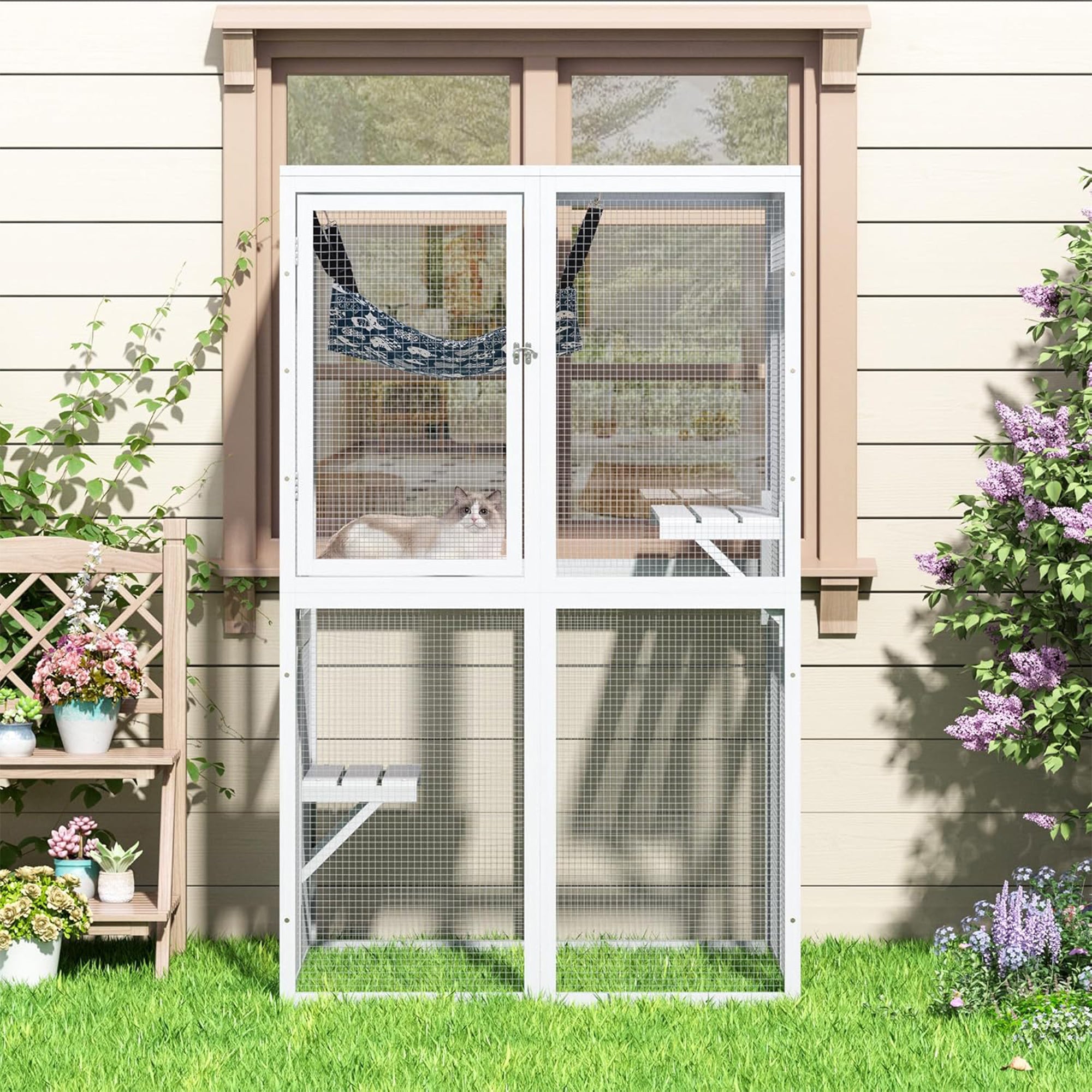 COZIWOW Outdoor Wooden Cat House Enclosure w/ Window Access, 3 Platforms, White - VMInnovations