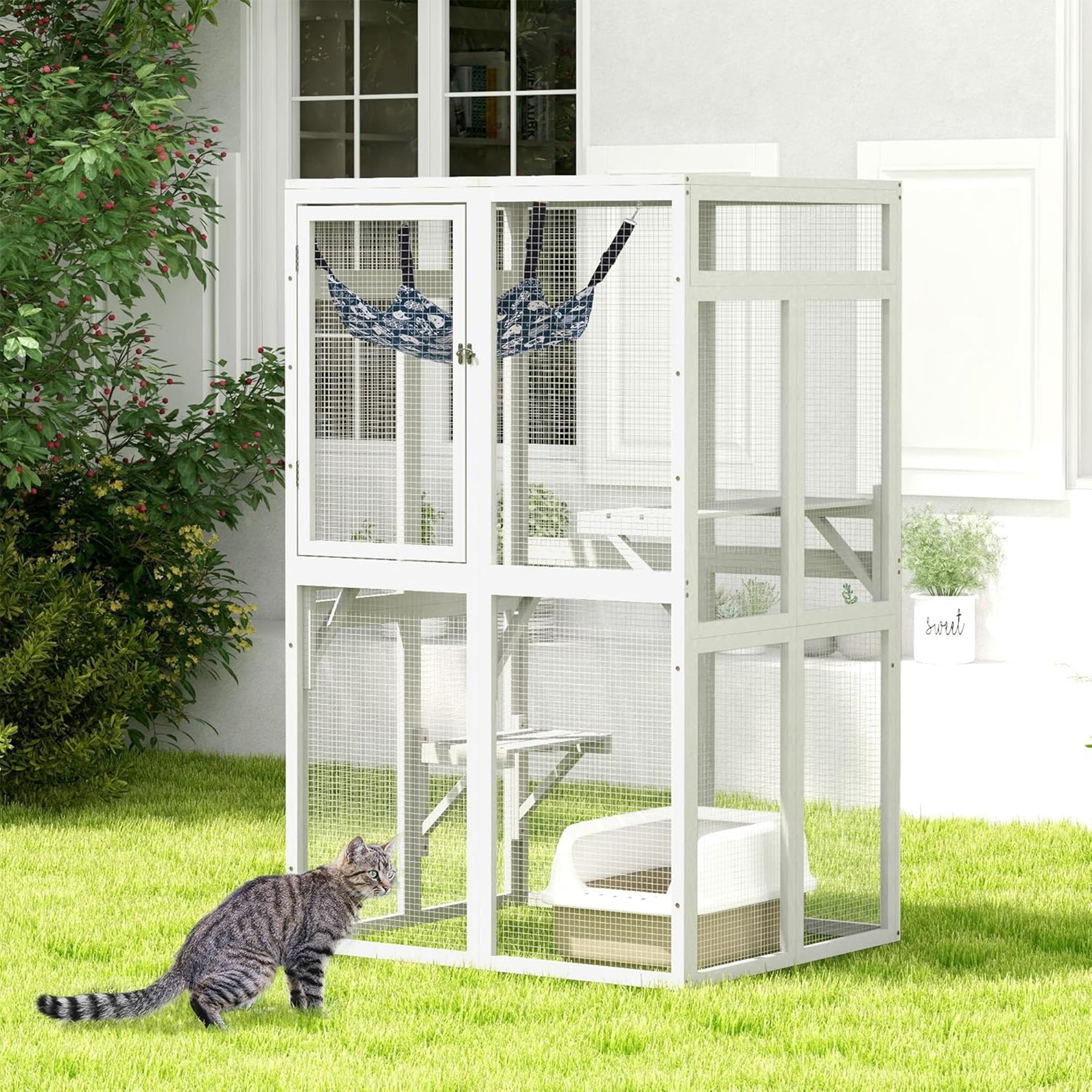 COZIWOW Outdoor Wooden Cat House Enclosure w/ Window Access, 3 Platforms, White - VMInnovations