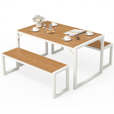 YITAHOME Patio Dining Table & Bench Set, Faux Wood, 4-6 People,Brown/White(Used)