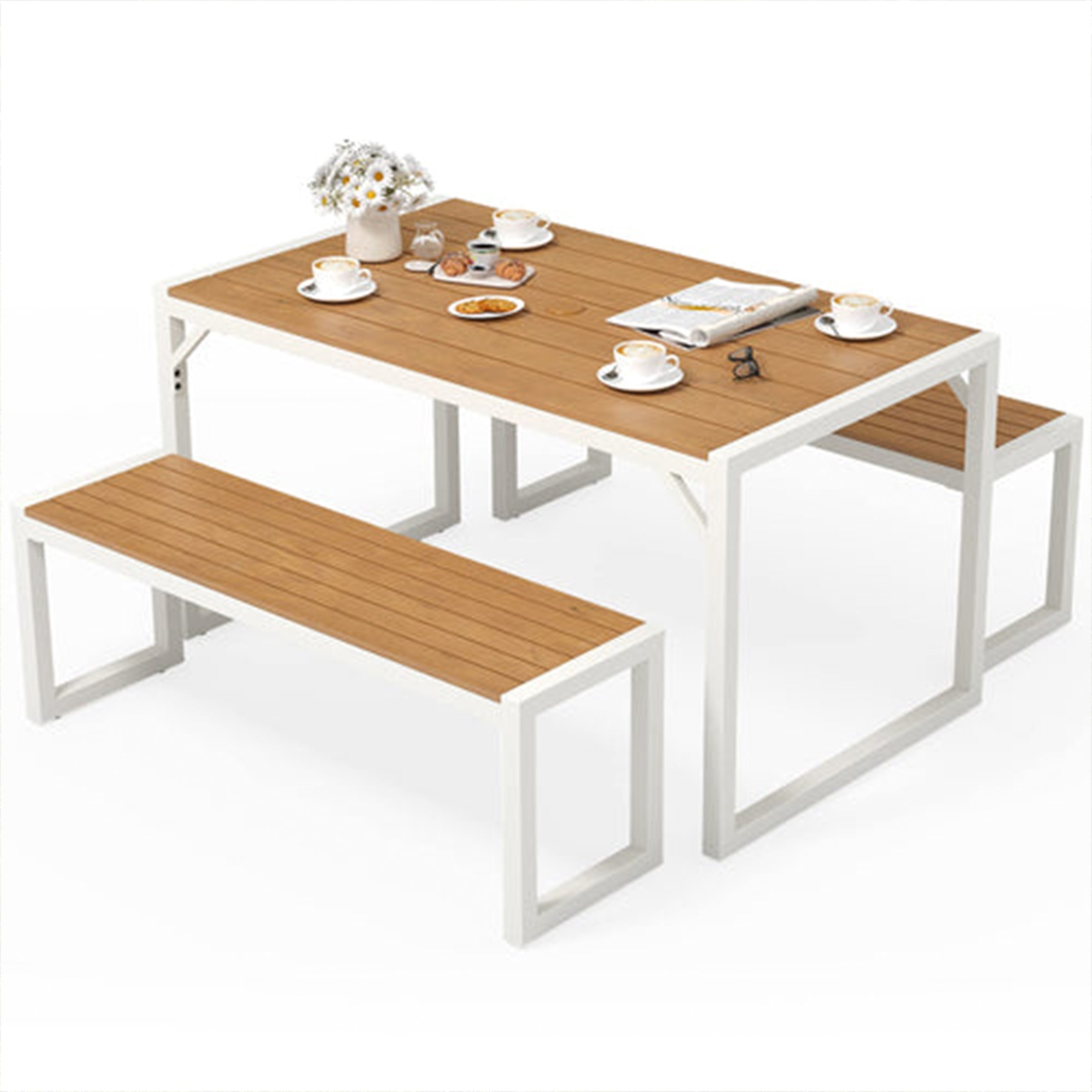 YITAHOME Patio Dining Table & Bench Set, Faux Wood, 4-6 People,Brown/White(Used) - VMInnovations