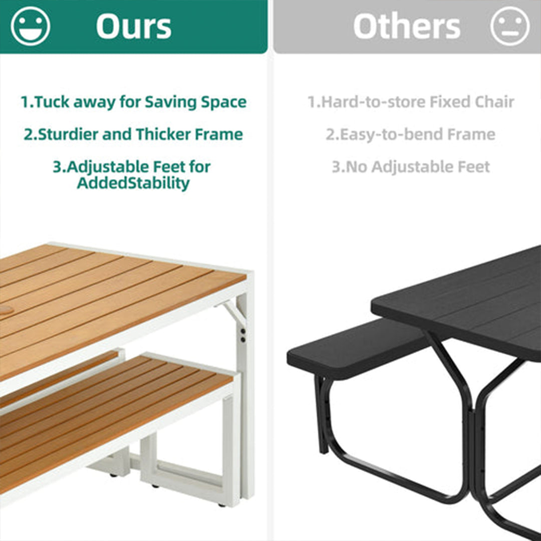 YITAHOME Patio Dining Table & Bench Set, Faux Wood, 4-6 People,Brown/White(Used)