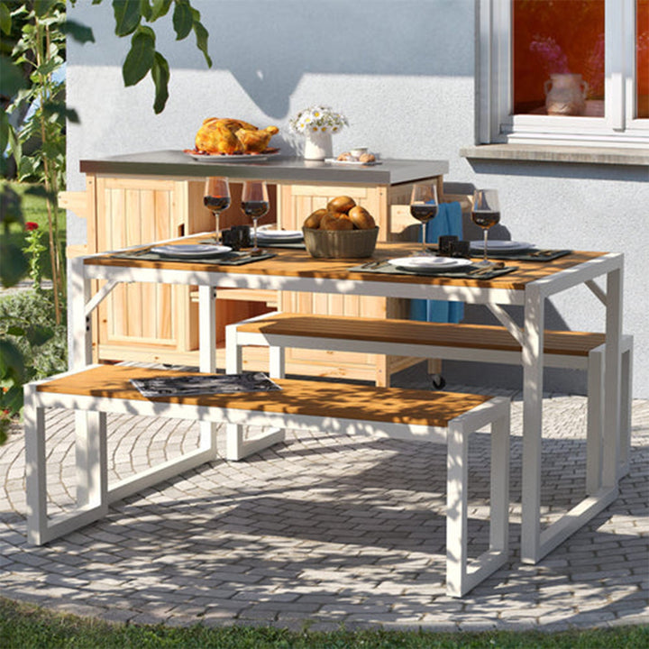 YITAHOME Patio Dining Table & Bench Set, Faux Wood, 4-6 People,Brown/White(Used)