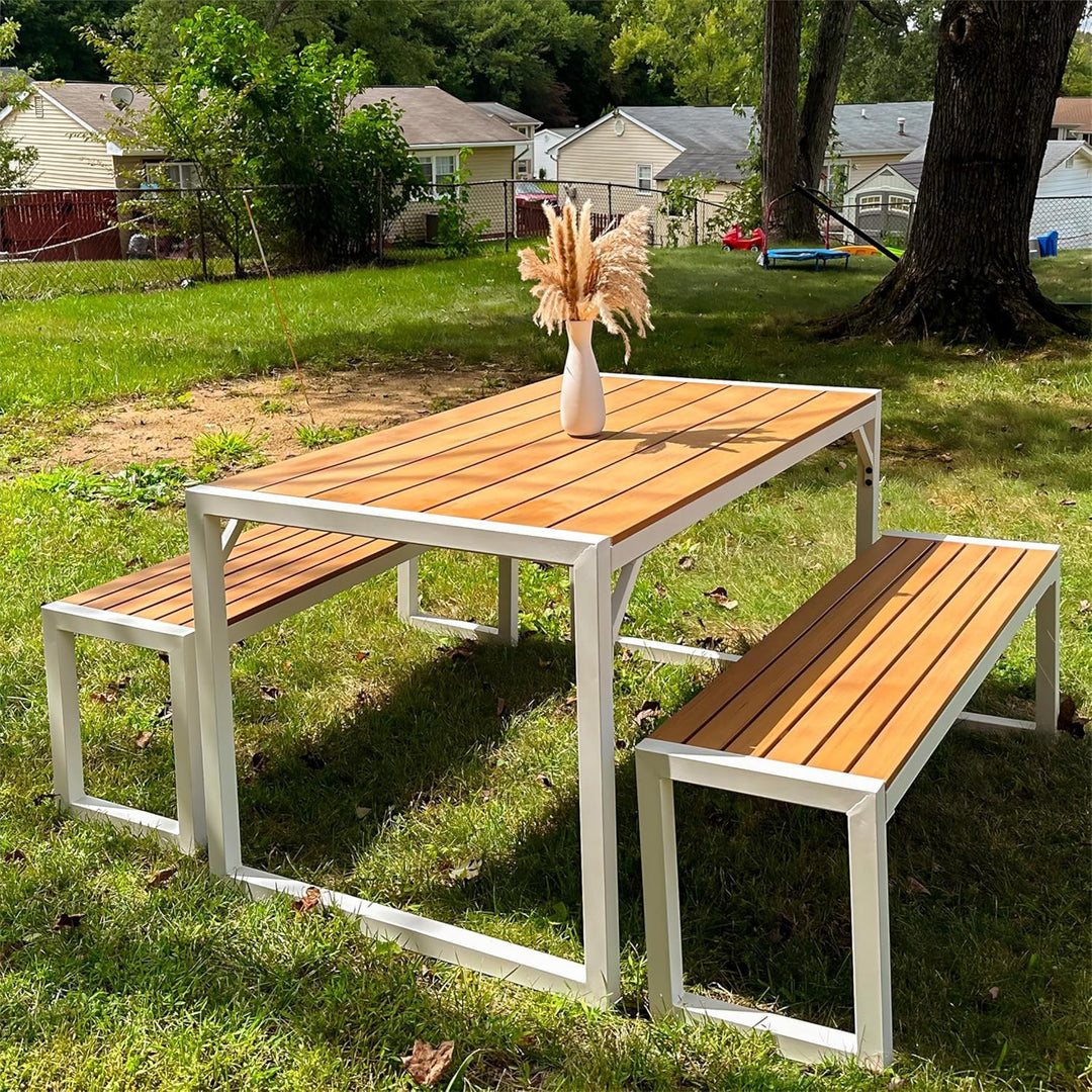 YITAHOME Patio Dining Table & Bench Set, Faux Wood, 4-6 People,Brown/White(Used)