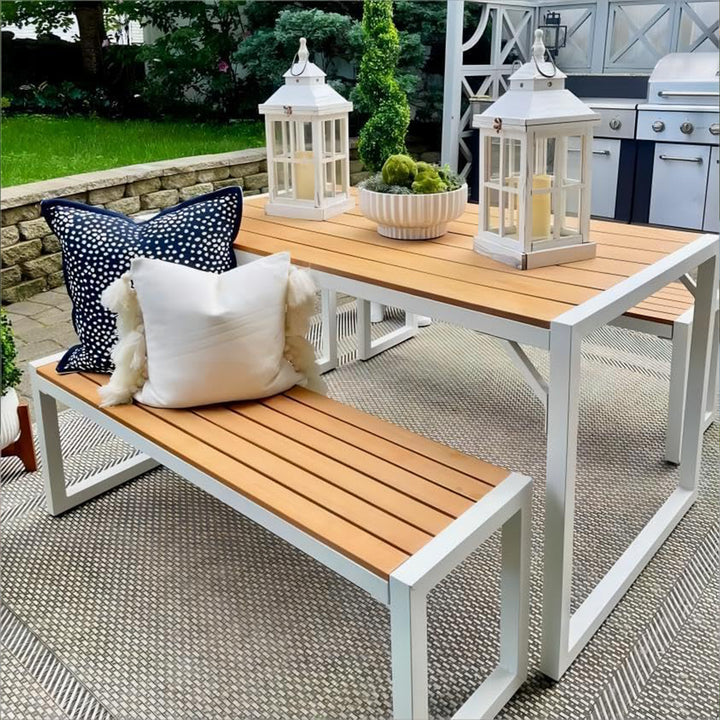 YITAHOME Patio Dining Table & Bench Set, Faux Wood, 4-6 People,Brown/White(Used)