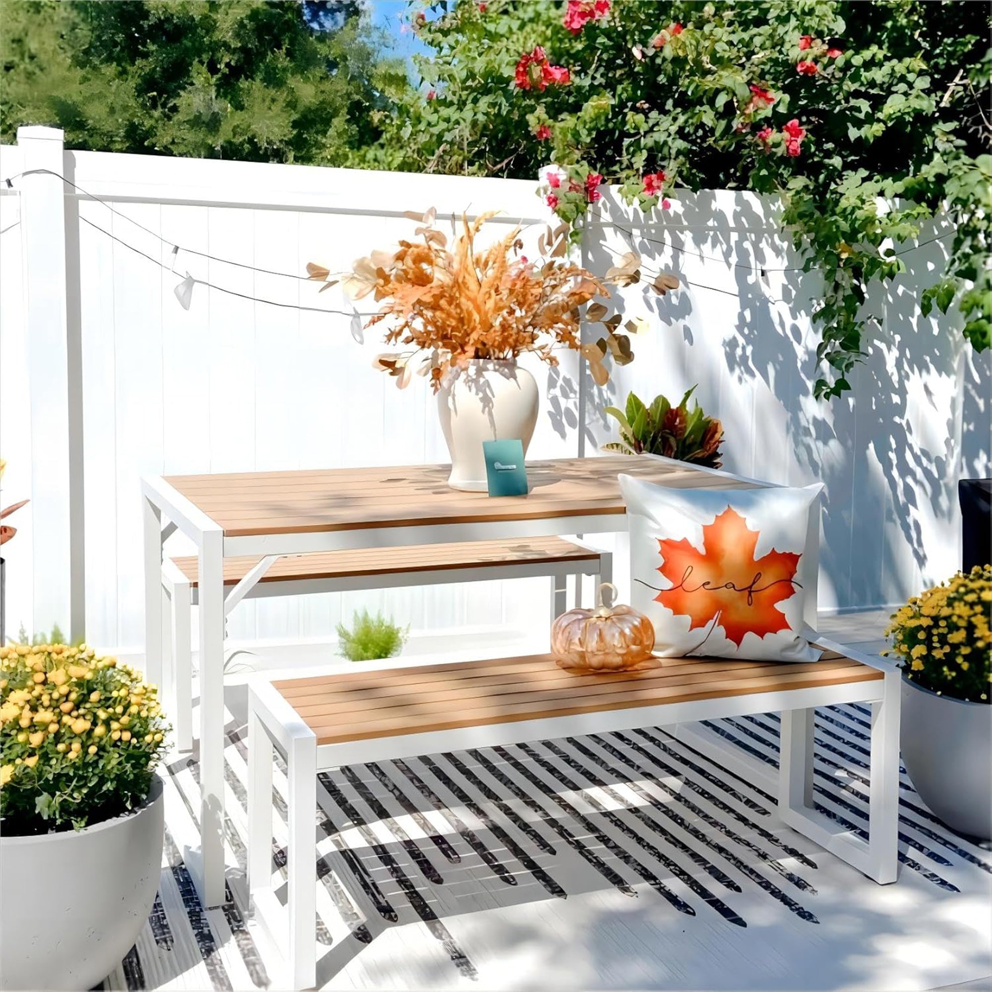 YITAHOME Patio Dining Table & Bench Set, Faux Wood, 4-6 People,Brown/White(Used) - VMInnovations