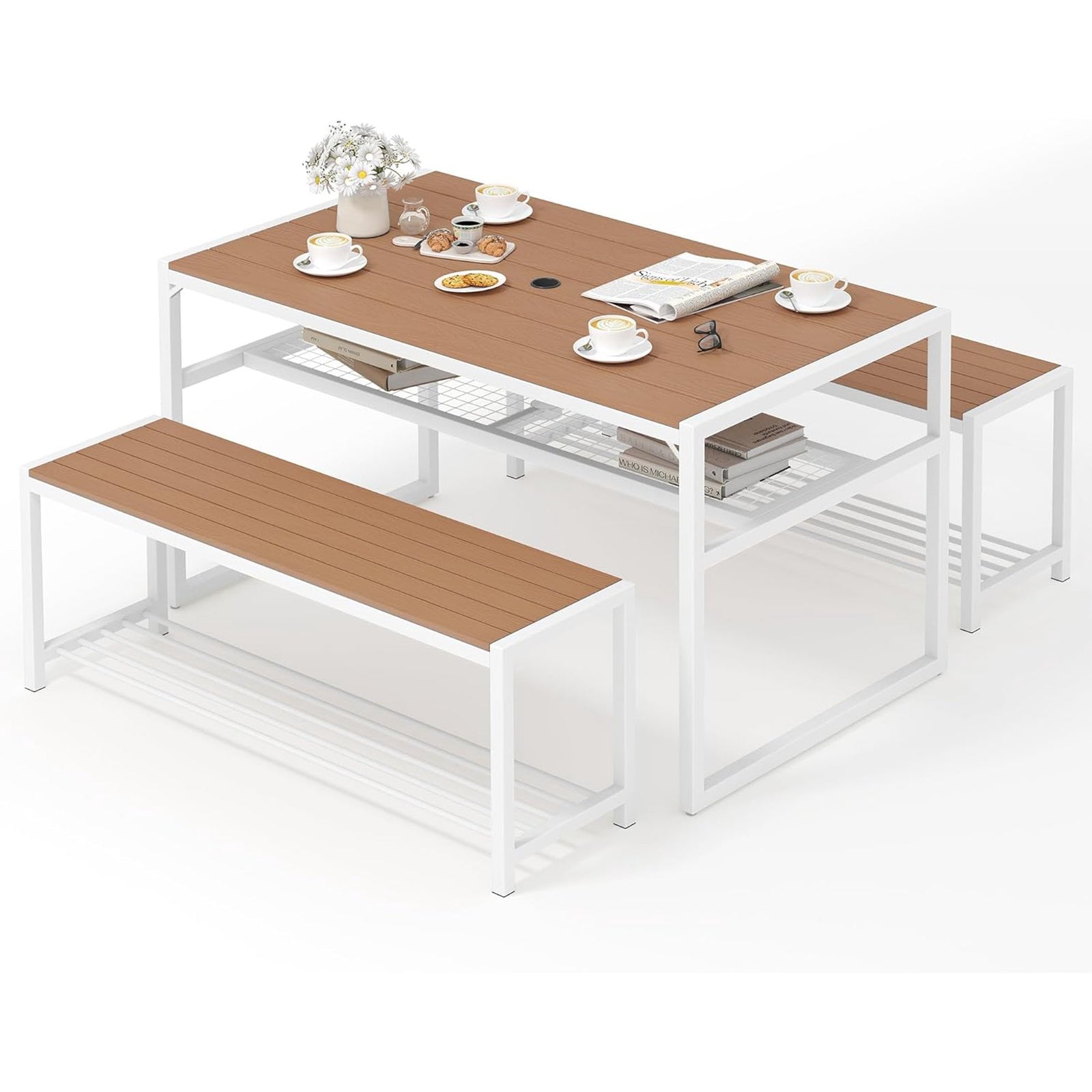 YITAHOME Patio Dining Table & Bench Set, Faux Wood, 4-6 People with Shelf, Brown - VMInnovations
