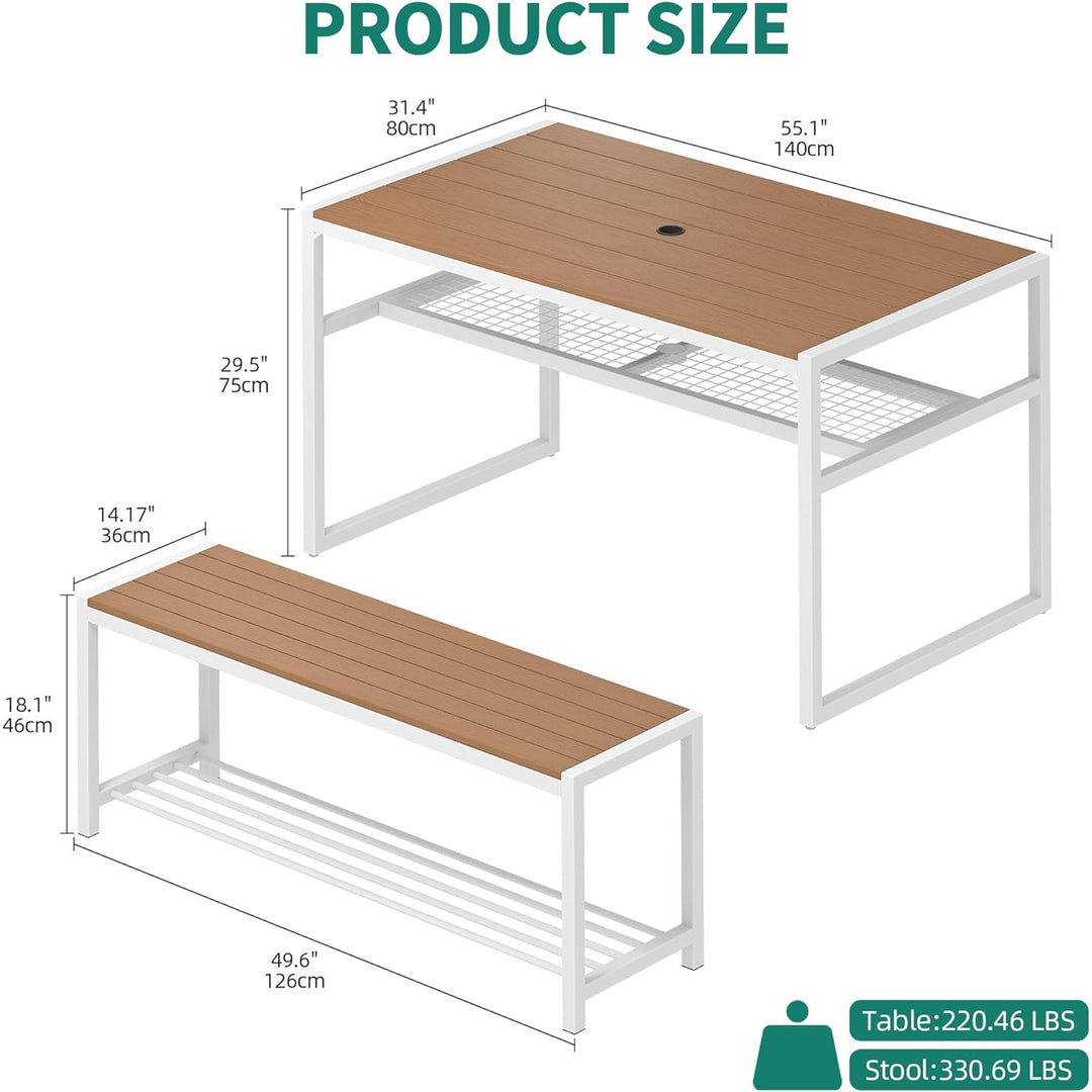 YITAHOME Patio Dining Table & Bench Set, Faux Wood, 4-6 People with Shelf, Brown