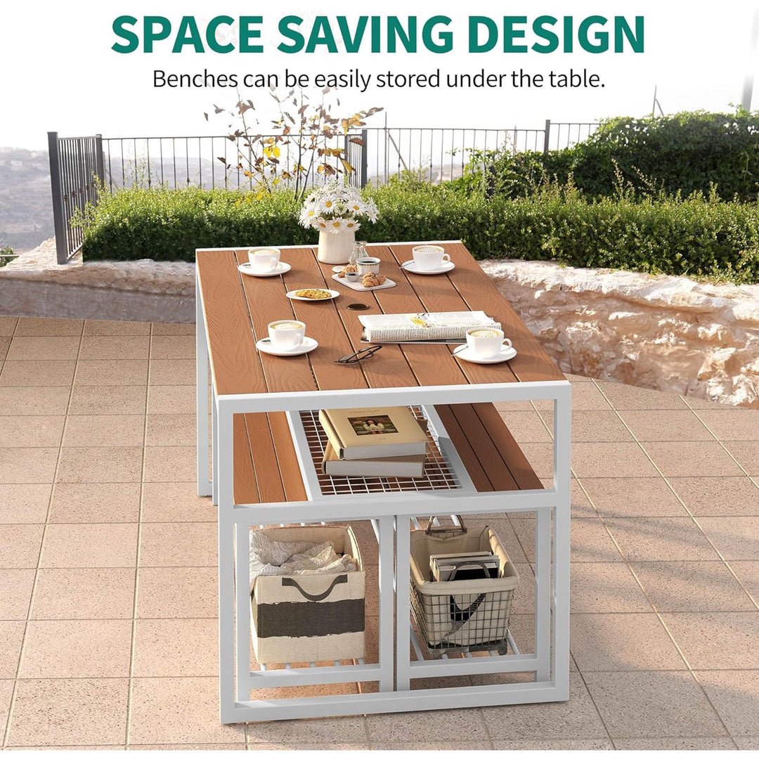 YITAHOME Patio Dining Table & Bench Set, Faux Wood, 4-6 People with Shelf, Brown