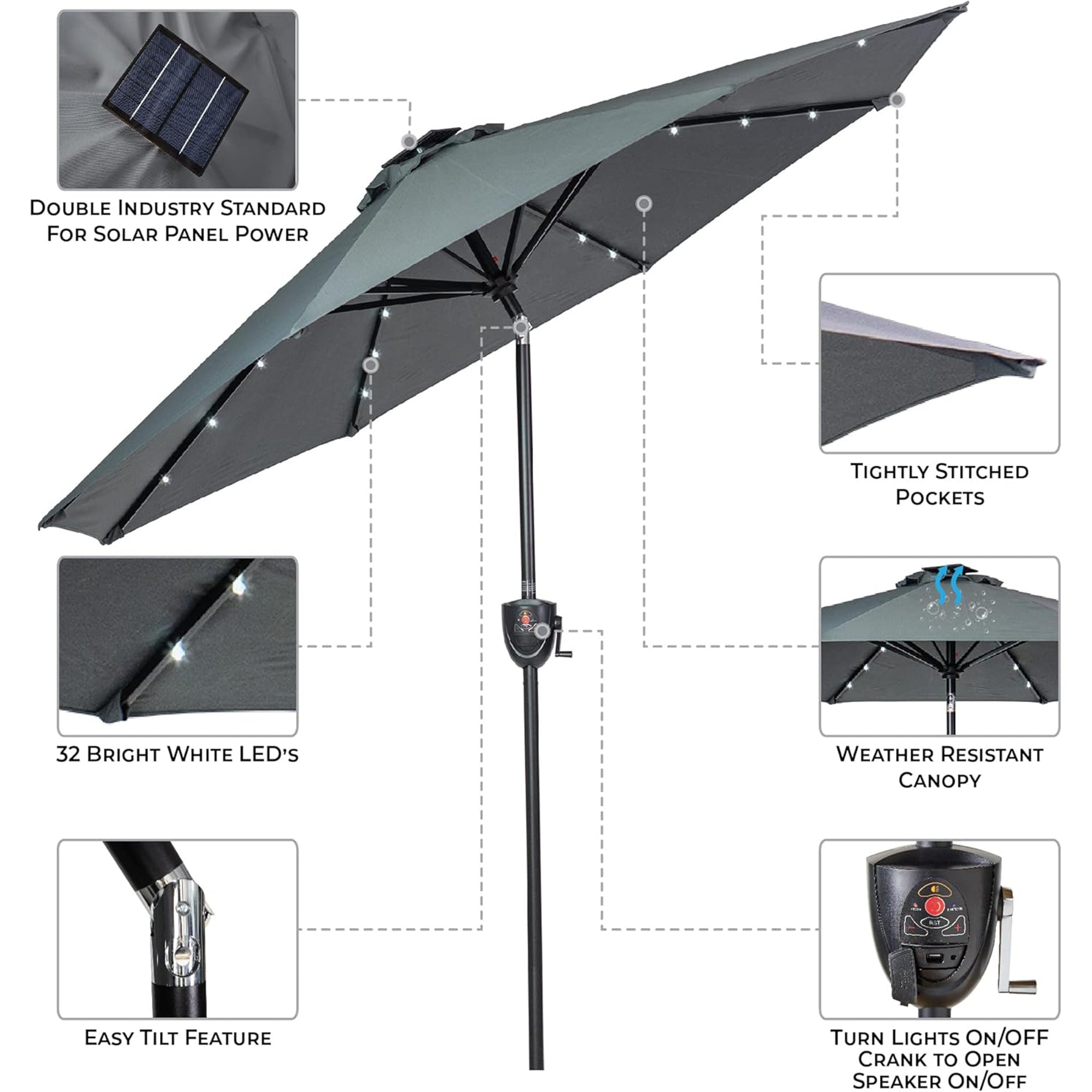 Sun-Ray Solar Lighted Outdoor Umbrella, LED Strip Lights, Crank Tilt, 9 Ft, Grey