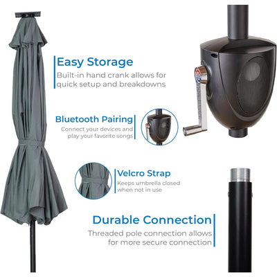 Sun-Ray Solar Lighted Outdoor Umbrella, LED Strip Lights, Crank Tilt, 9 Ft, Grey
