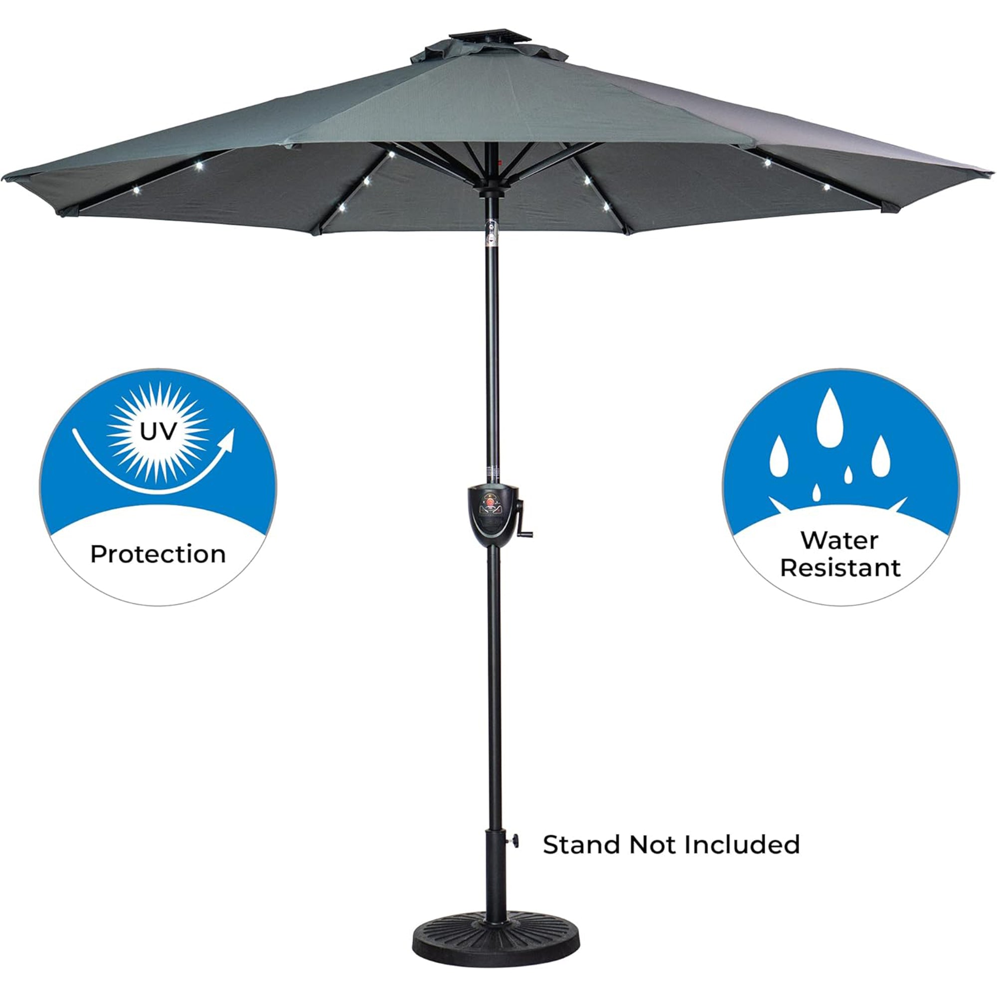 Sun-Ray Solar Lighted Outdoor Umbrella, LED Strip Lights, Crank Tilt, 9 Ft, Grey
