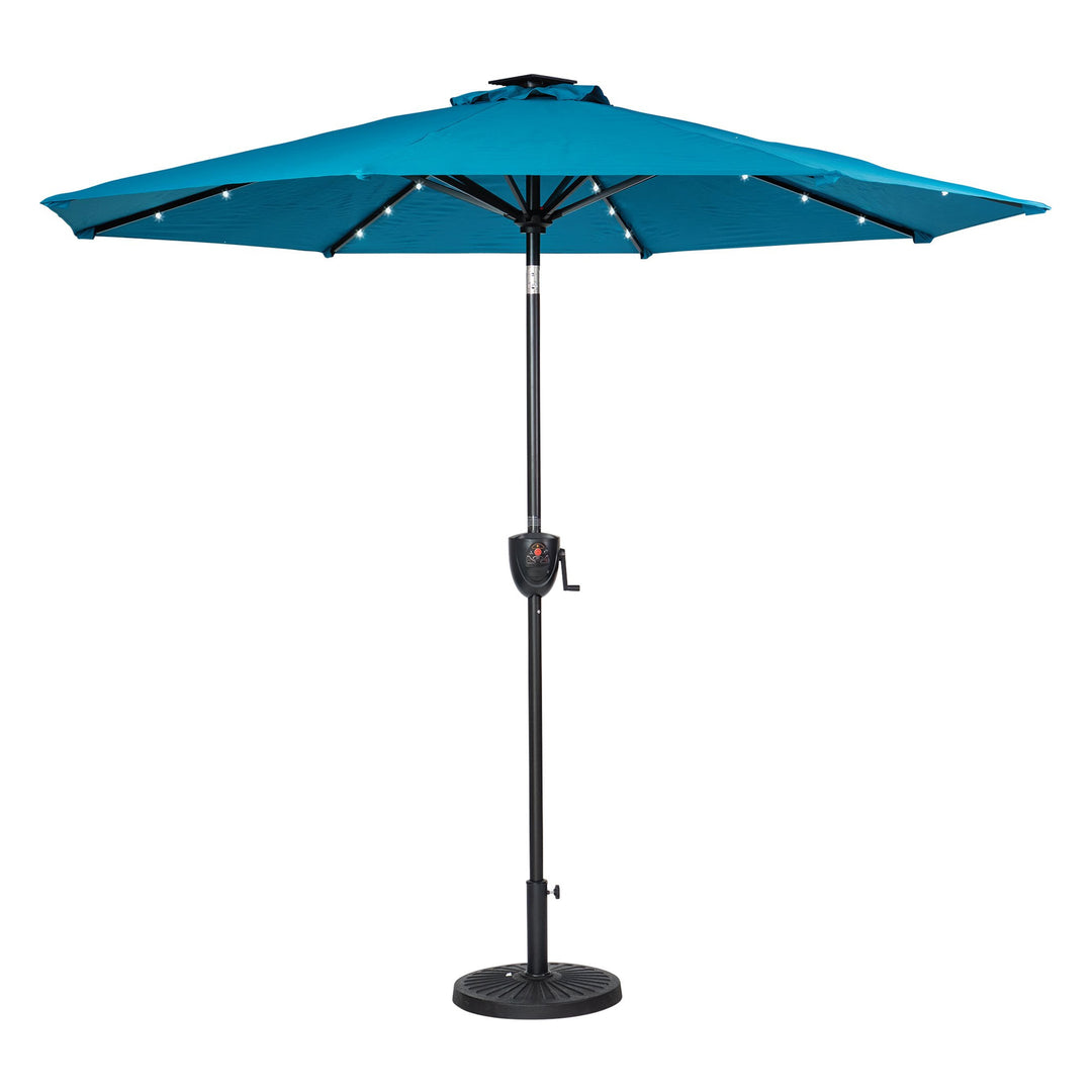 Sun-Ray Solar Lighted Outdoor Umbrella, LED Strip Lights, Crank Tilt, 9 Ft, Teal