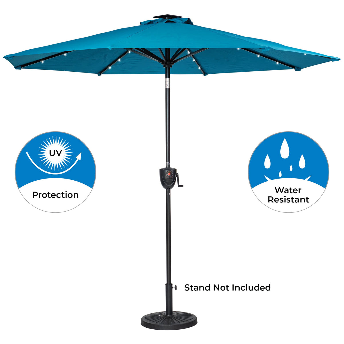 Sun-Ray Solar Lighted Outdoor Umbrella, LED Strip Lights, Crank Tilt, 9 Ft, Teal - VMInnovations