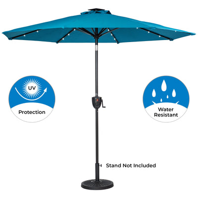 Sun-Ray Solar Lighted Outdoor Umbrella, LED Strip Lights, Crank Tilt, 9 Ft, Teal - VMInnovations