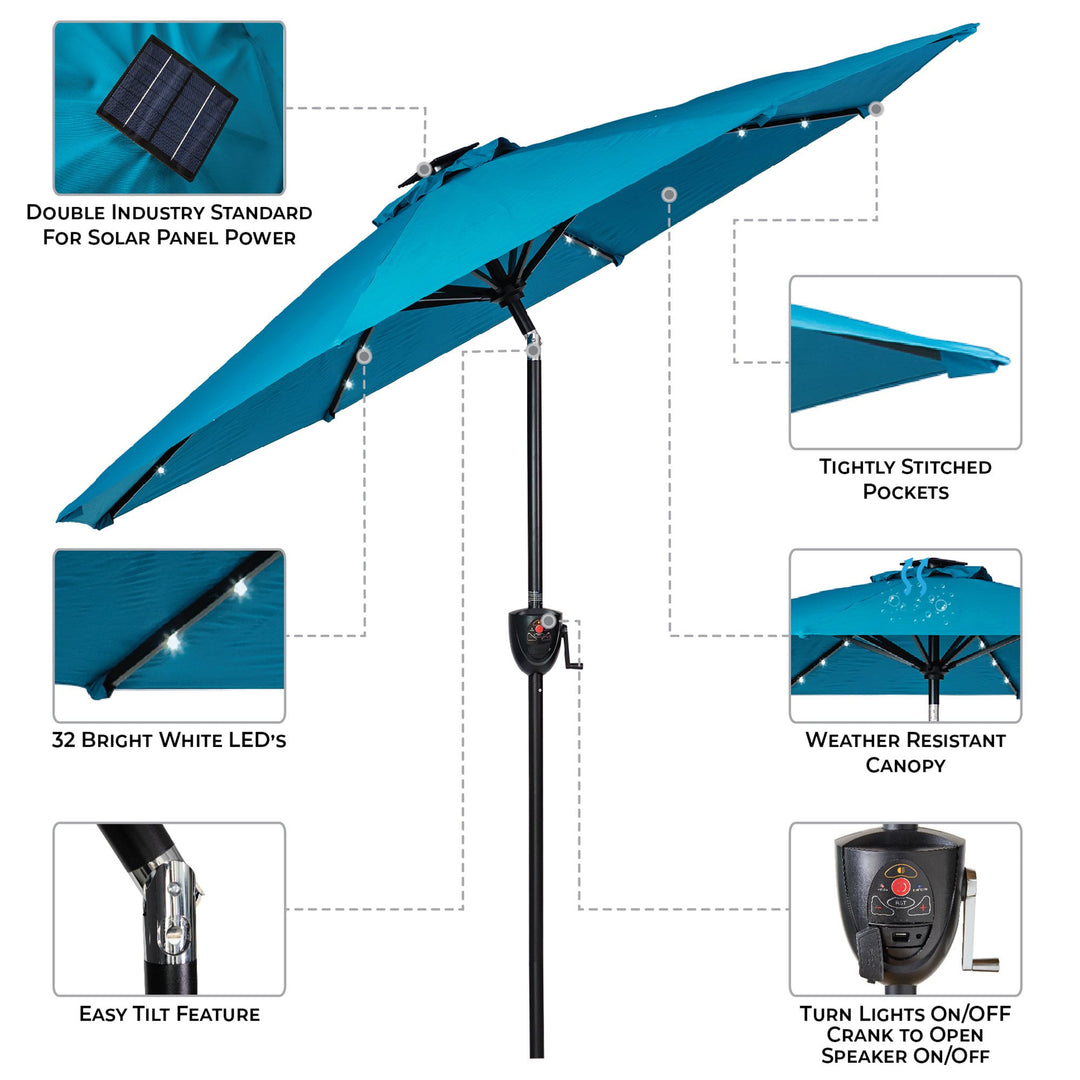 Sun-Ray Solar Lighted Outdoor Umbrella, LED Strip Lights, Crank Tilt, 9 Ft, Teal