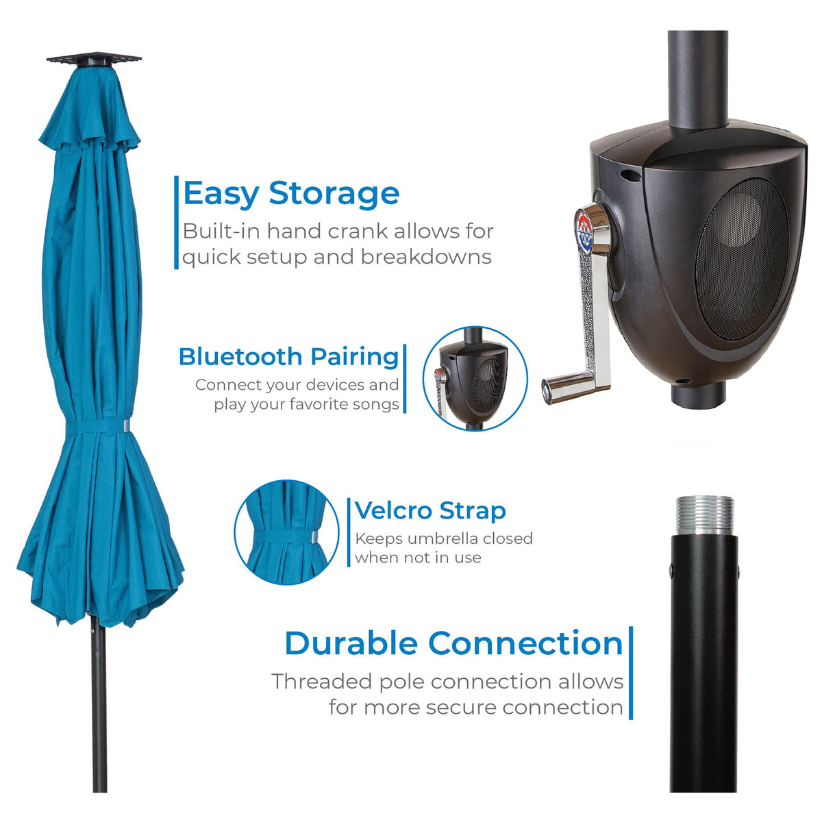Sun-Ray Solar Lighted Outdoor Umbrella, LED Strip Lights, Crank Tilt, 9 Ft, Teal - VMInnovations