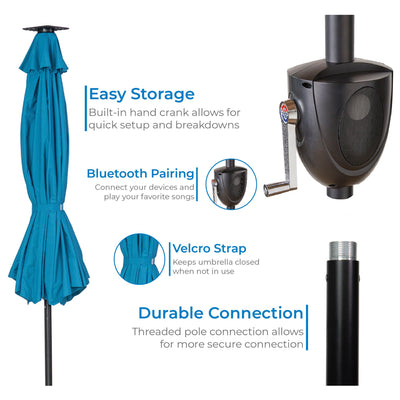 Sun-Ray Solar Lighted Outdoor Umbrella, LED Strip Lights, Crank Tilt, 9 Ft, Teal - VMInnovations
