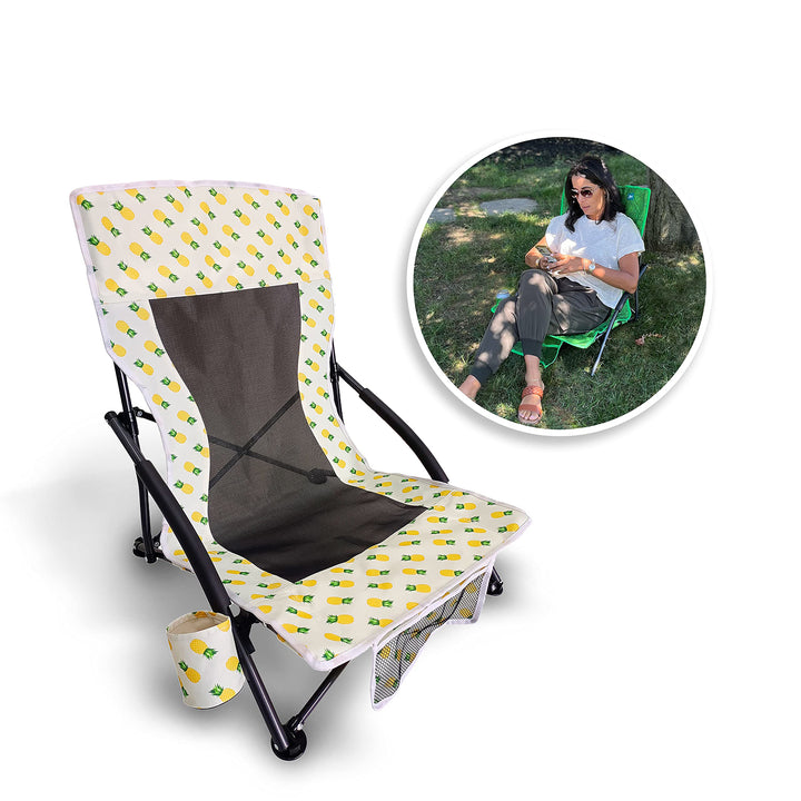 Bliss Hammocks Portable Collapsible Beach Lounge Chair with Cup Holder, Yellow