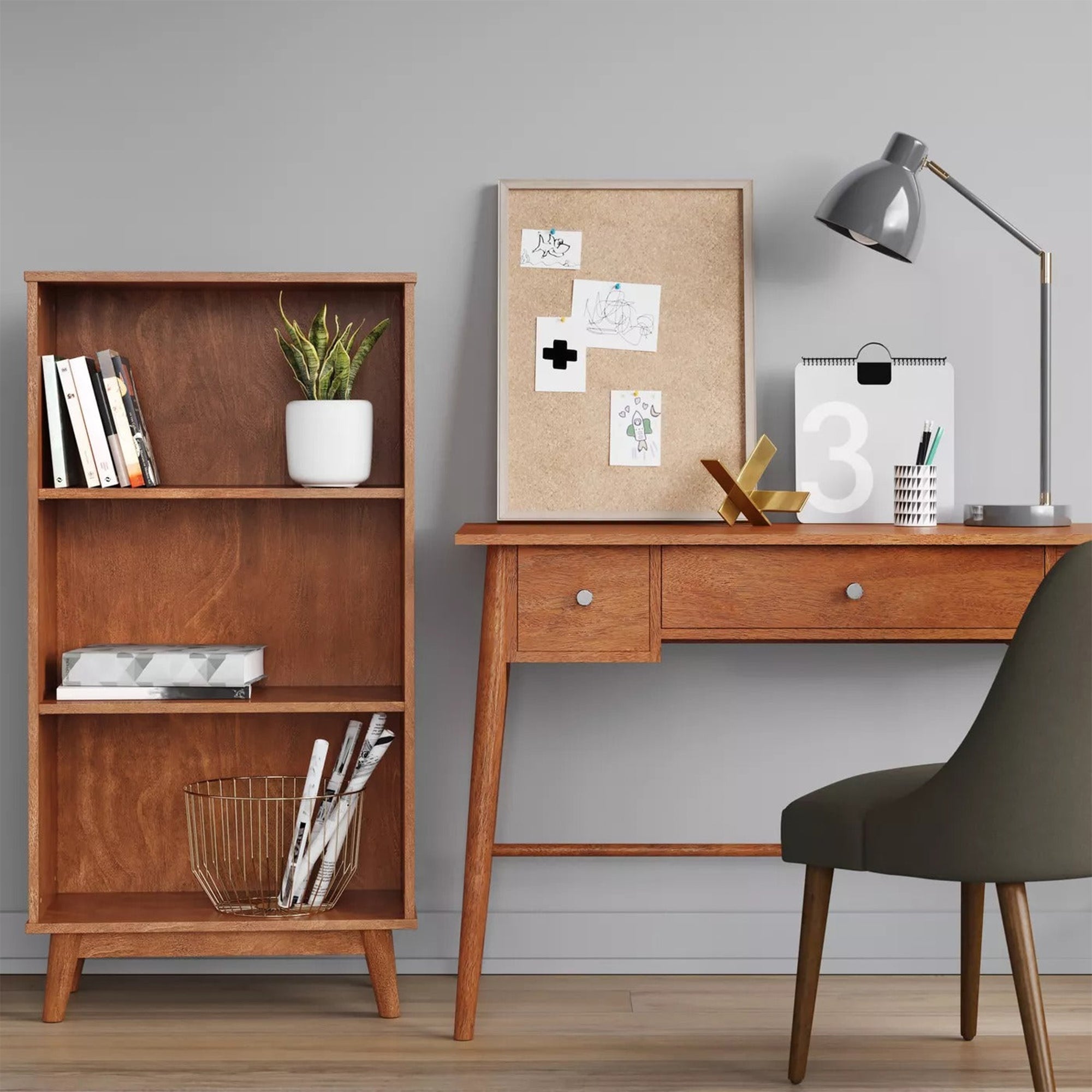 Project Mid-Century Writing Desk Office Table, Brown Wood Finish (Open Box) - VMInnovations