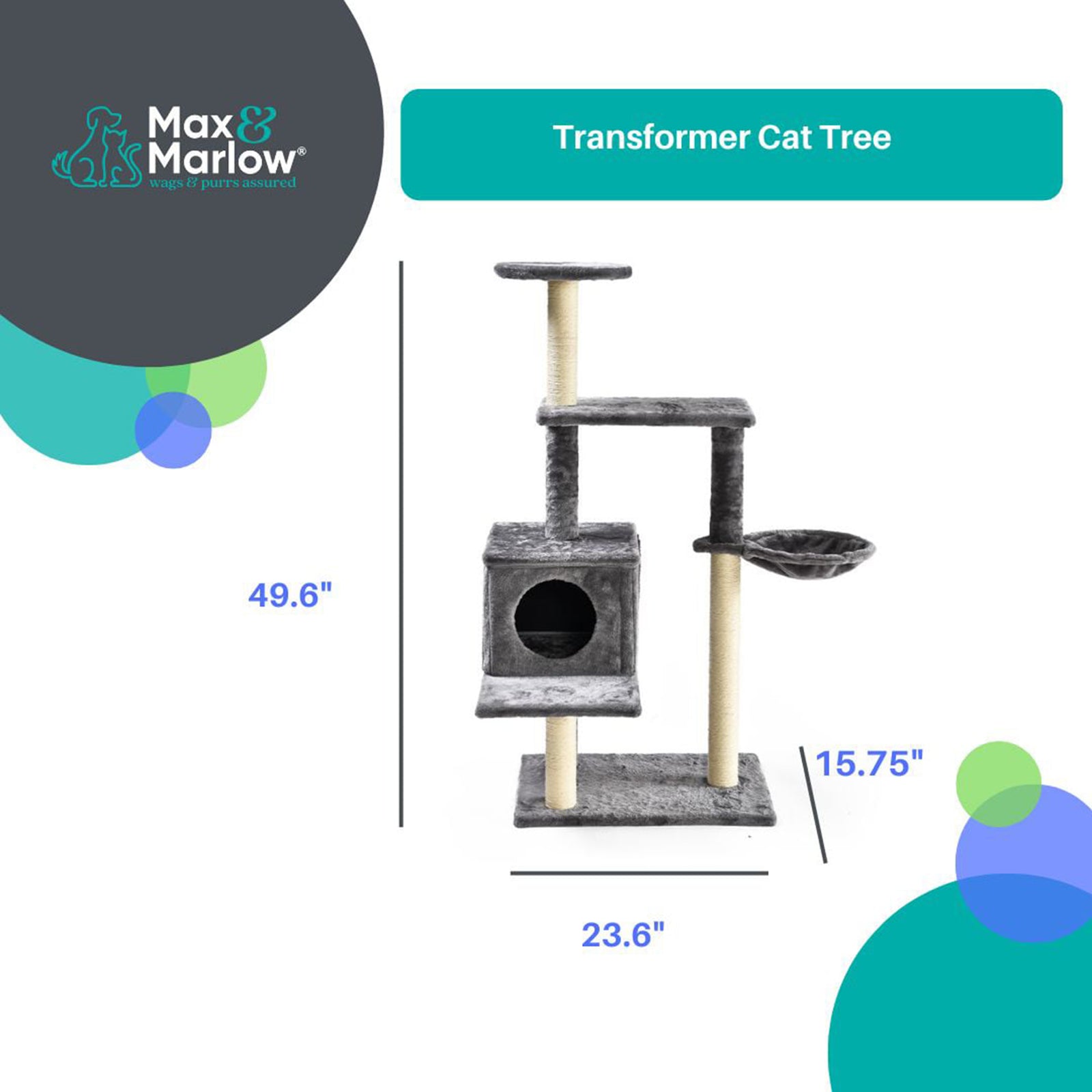 Max & Marlow 3 in 1 Transforming Cat Tree Tower, Scratching Post Design, Gray - VMInnovations