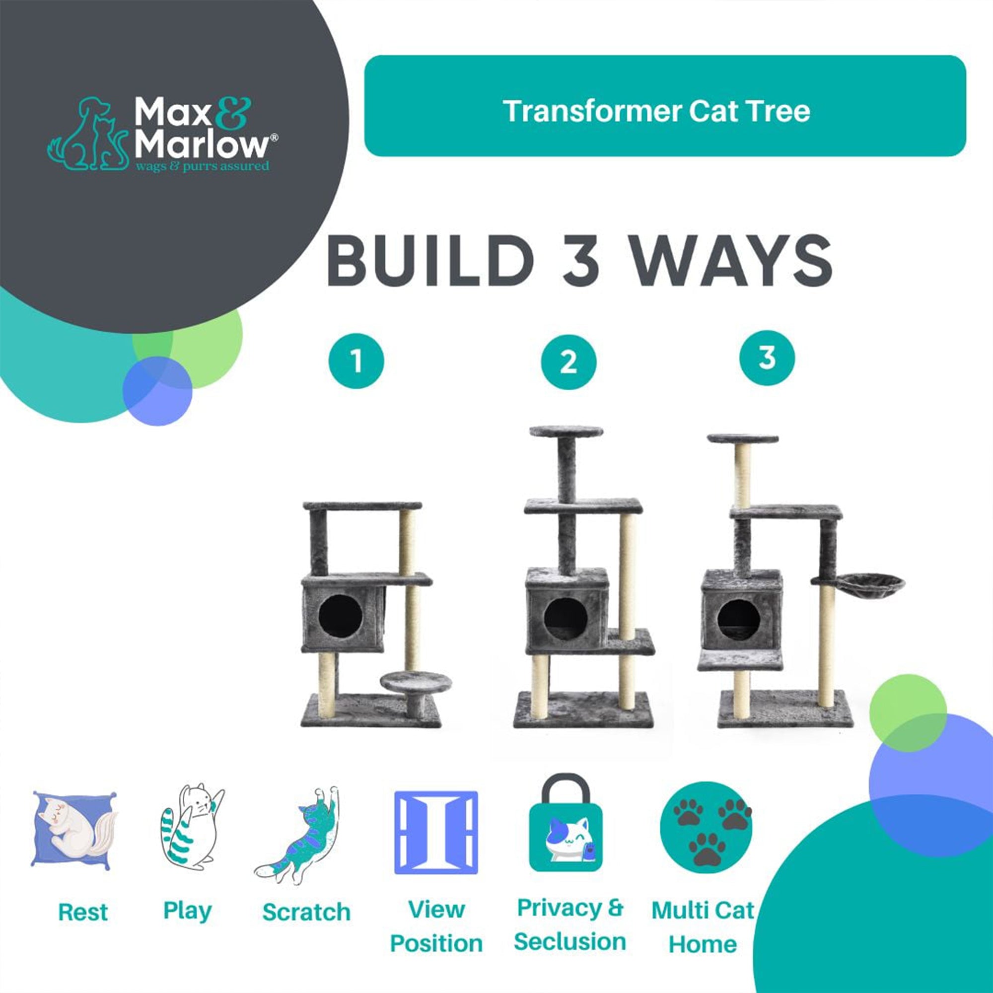 Max & Marlow 3 in 1 Transforming Cat Tree Tower, Scratching Post Design, Gray - VMInnovations