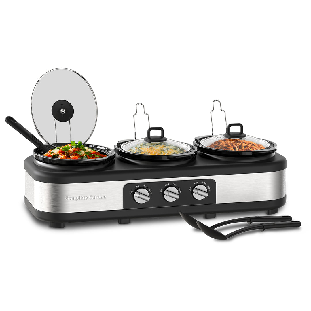 Complete Cuisine Stainless Steel Triple Slow Cooker and Buffet Server, 2.5 Quart - VMInnovations