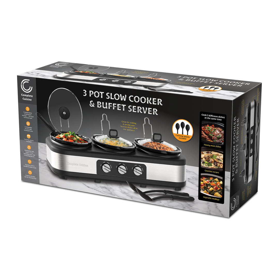 Complete Cuisine Stainless Steel Triple Slow Cooker and Buffet Server, 2.5 Quart - VMInnovations