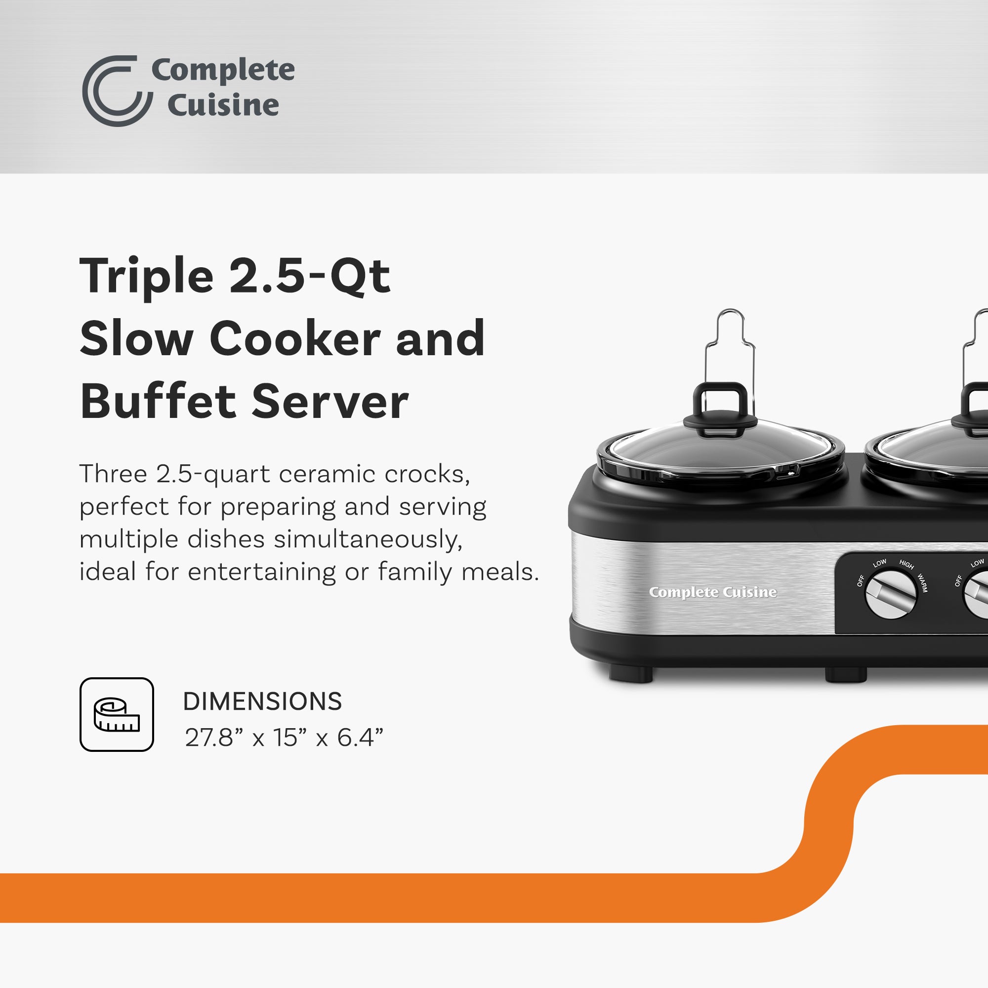 Complete Cuisine Stainless Steel Triple Slow Cooker and Buffet Server, 2.5 Quart - VMInnovations