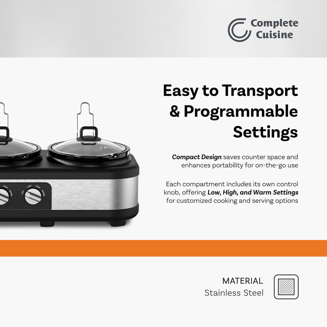 Complete Cuisine Stainless Steel Triple Slow Cooker and Buffet Server, 2.5 Quart - VMInnovations