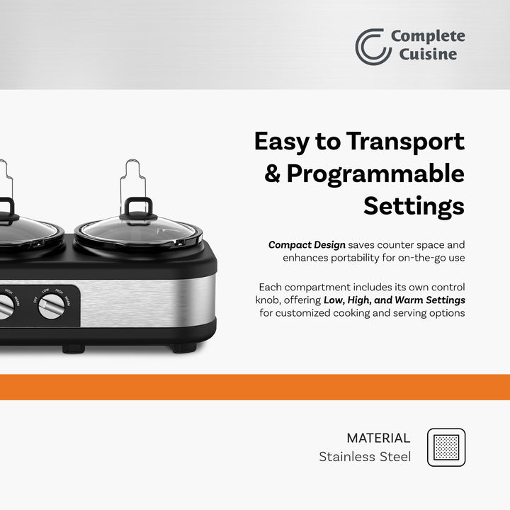 Complete Cuisine Stainless Steel Triple Slow Cooker and Buffet Server, 2.5 Quart - VMInnovations