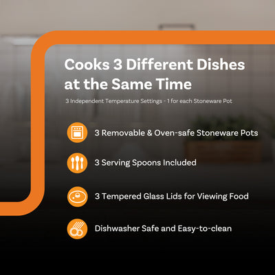 Complete Cuisine Stainless Steel Triple Slow Cooker and Buffet Server, 2.5 Quart - VMInnovations