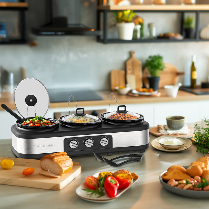 Complete Cuisine Stainless Steel Triple Slow Cooker and Buffet Server, 2.5 Quart - VMInnovations