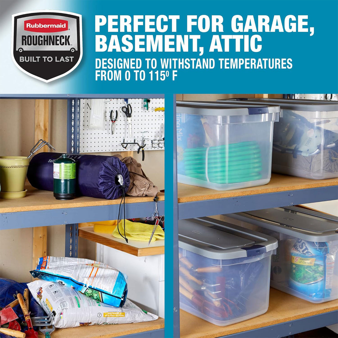 Rubbermaid 4 Pack Roughneck Clear Storage Containers, Stackable Totes, 95 Quart