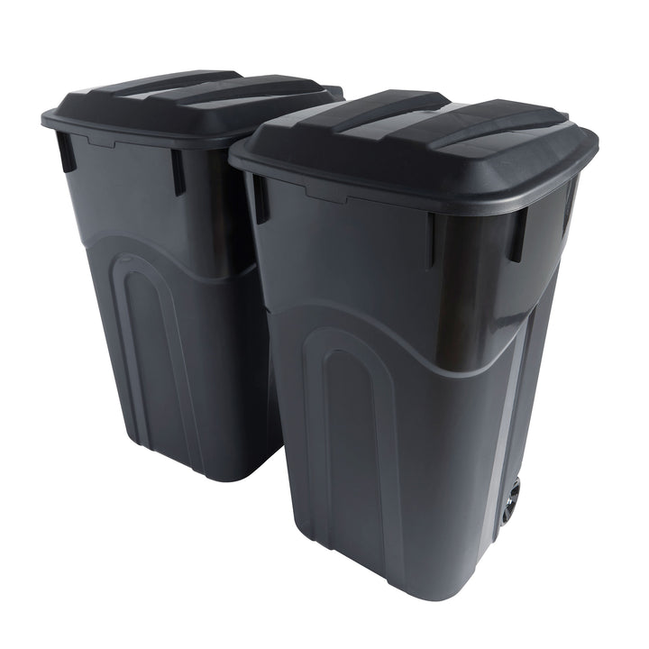 United Solutions 2 Pack Outdoor Trash Can with Lid and Wheels, 32 Gallon, Black