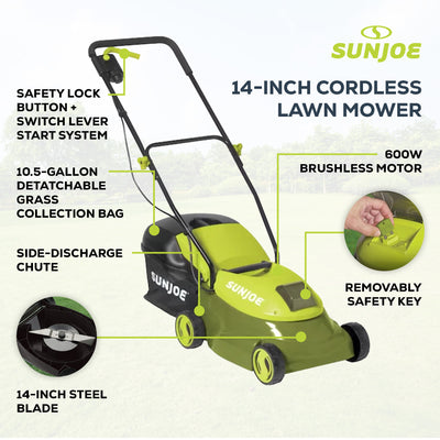 Sun Joe 14" Electric Cordless Lawn Mower w/ Detachable Grass Catcher, MJ401C-PRO - VMInnovations