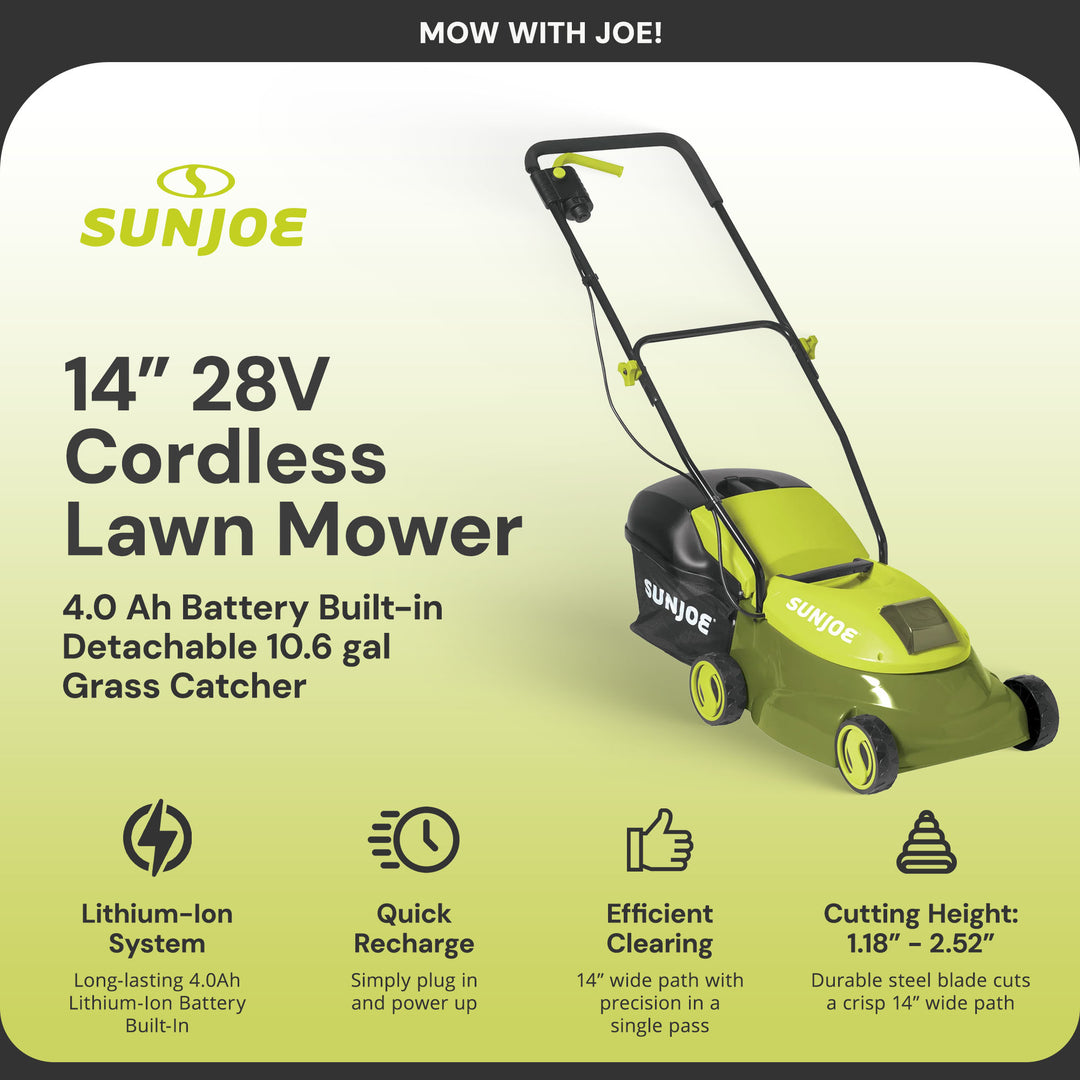 Sun Joe MJ401C-PRO 14" 28V Cordless Push Lawn Mower, Steel Blade, Rear Discharge
