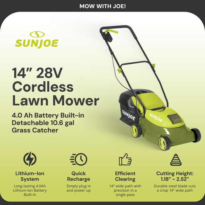 Sun Joe MJ401C-PRO 14" 28V Cordless Push Lawn Mower, Steel Blade, Rear Discharge