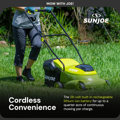Sun Joe 14" 28V Cordless Push Lawn Mower, Steel Blade, Rear Discharge (Open Box)