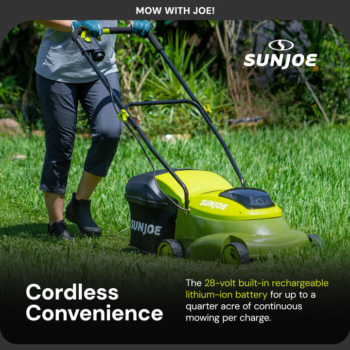 Sun Joe MJ401C-PRO 14" 28V Cordless Push Lawn Mower, Steel Blade, Rear Discharge