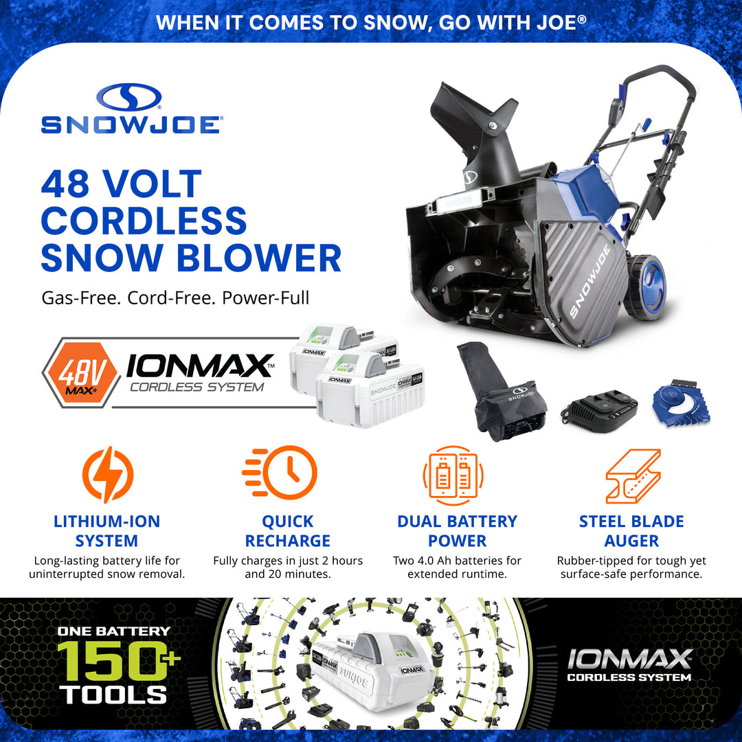 Snow Joe 24 V Snow Blower, 2x4.0-Ah Batteries, Dual Port Charger, & Cover (Used)