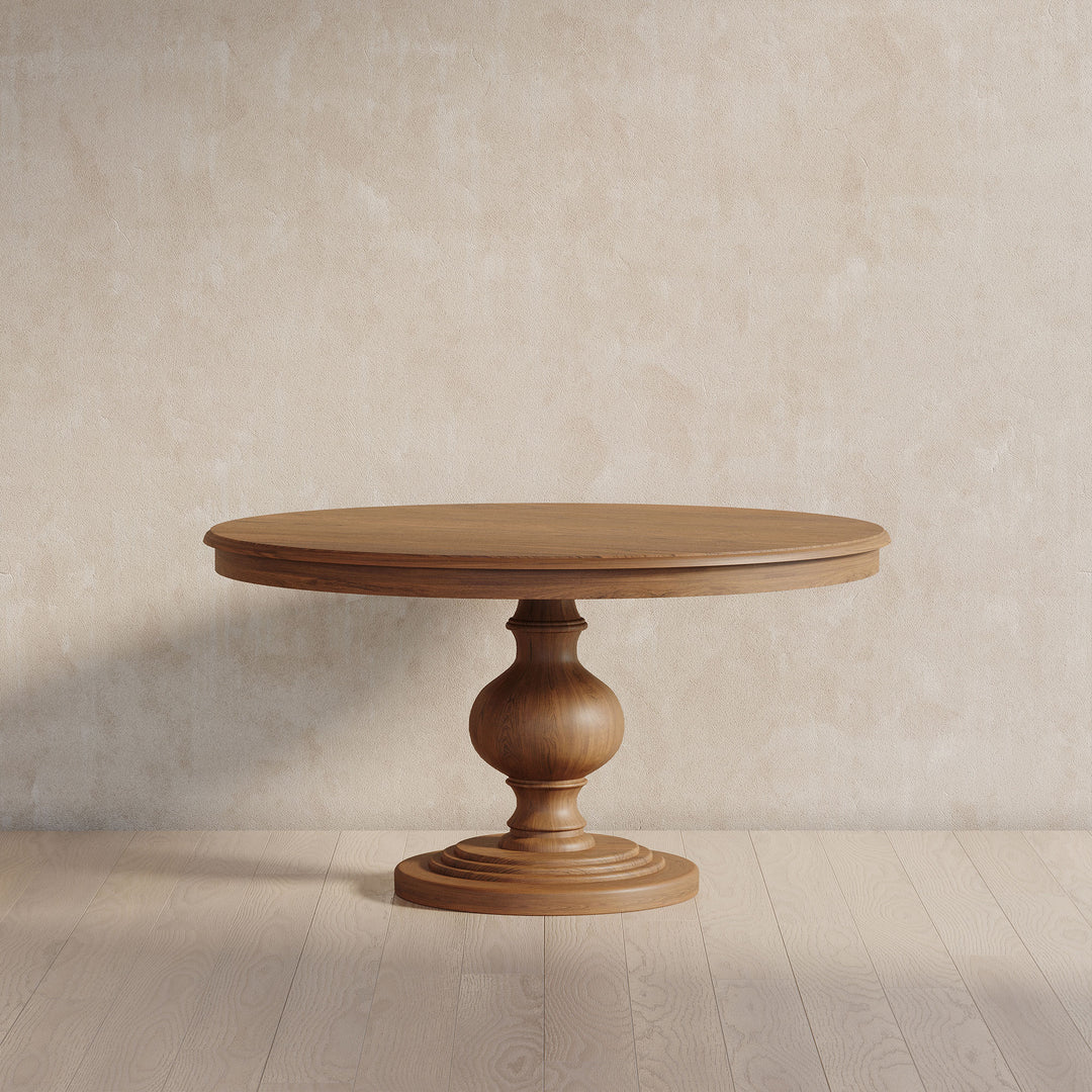 Zola Classical Round Wooden Dining Table in Antiqued Natural Finish
