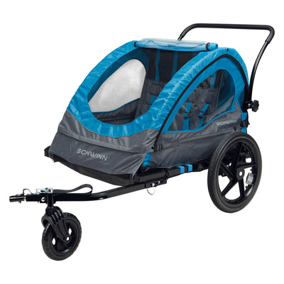 Schwinn 2-Seat Bike Trailer & Stroller Combo w/Harness & Canopy, Blue (Open Box) - VMInnovations