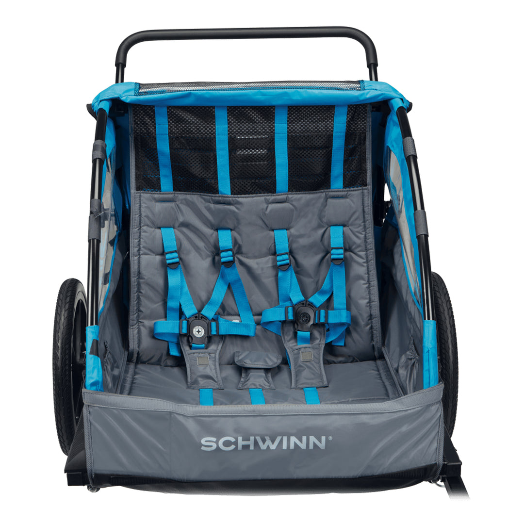 Schwinn Convoy 2-Seat Bike Trailer & Stroller Combo with Harness & Canopy, Blue