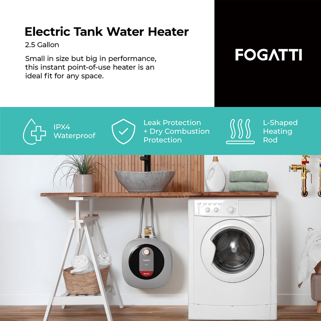 Fogatti 2.5 Gallon 1440W Electric Mini Tank Water Heater, Wall/Floor Mount, Gray