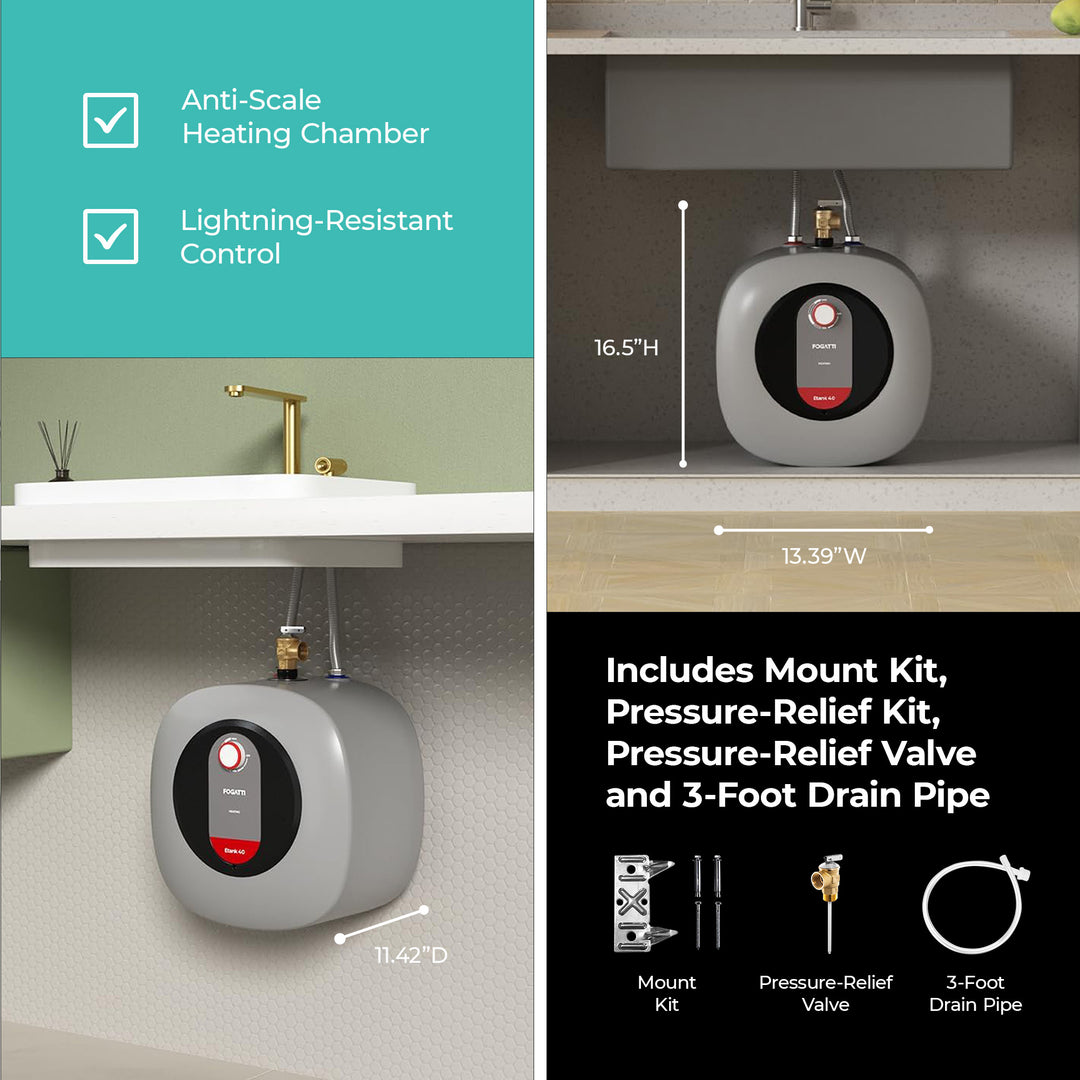 Fogatti 2.5 Gallon 1440W Electric Mini Tank Water Heater, Wall/Floor Mount, Gray